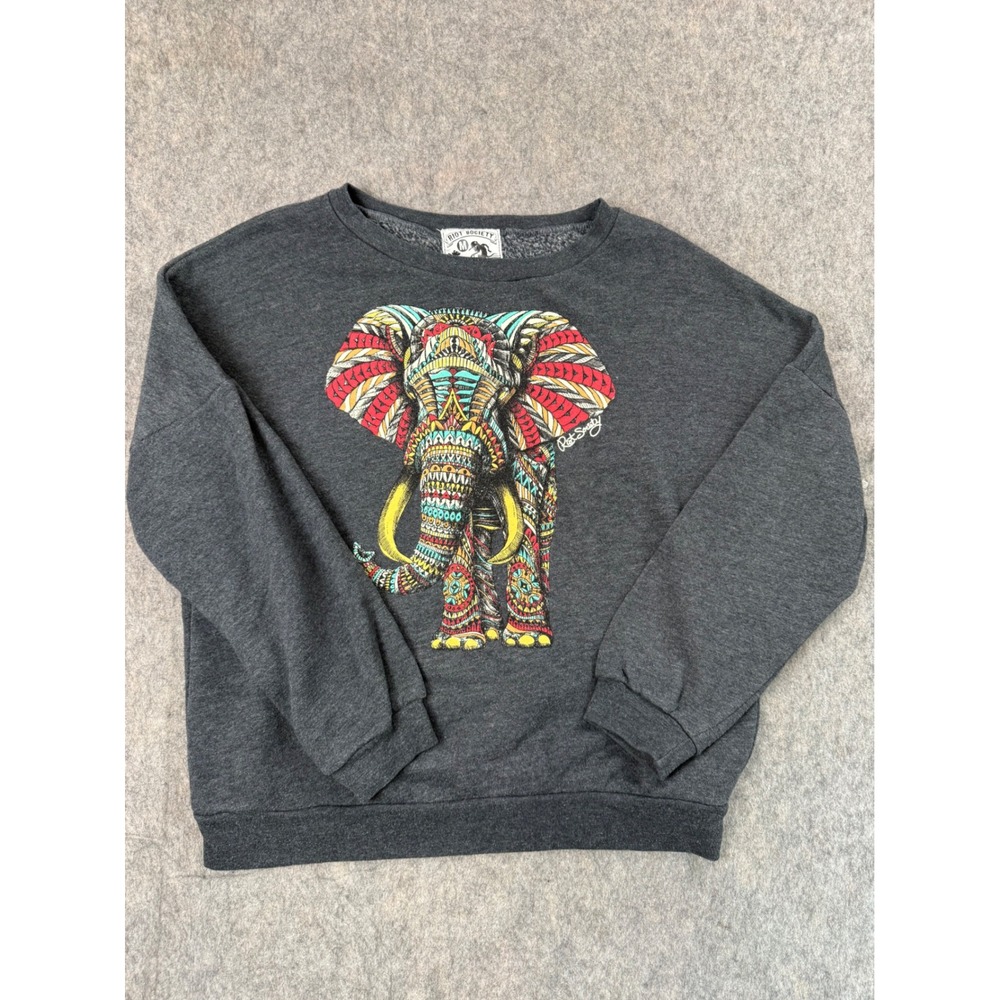 Riot Society Elephant Sweatshirt Women M Gray Cotton Blend Boho Graphic Pullover
